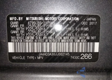 2018 Mitsubishi Outlander Se из США, поврежденный, VIN JA4AD3A30JJ002145